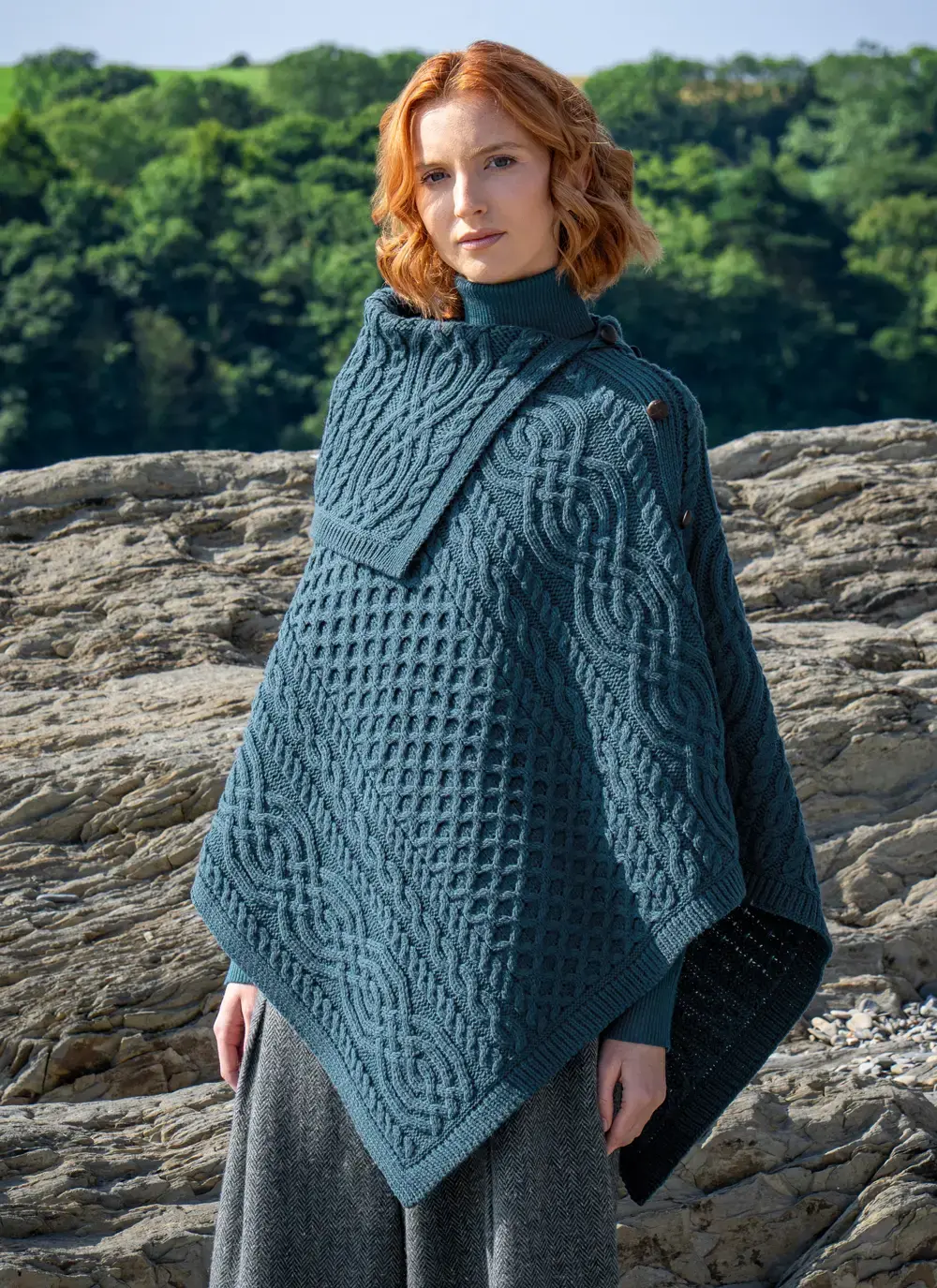 Honeycomb Cable Button Poncho in Blue Mallard